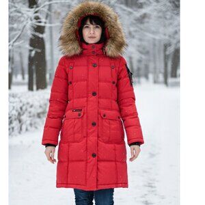 Canada Weather Gear Long Puffer Parka, Red, Womens Size Large